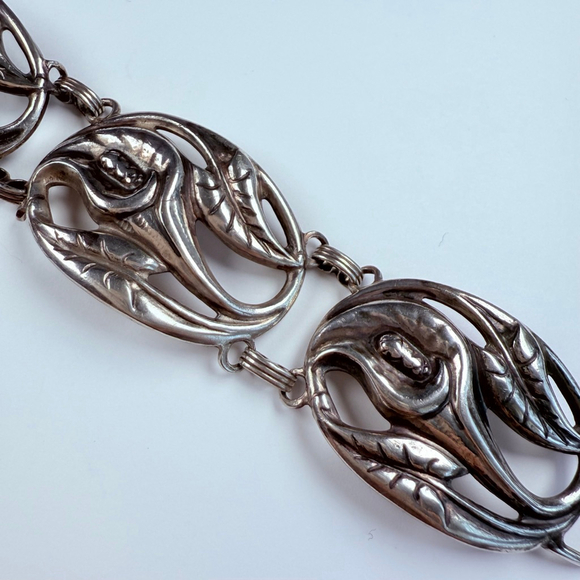 Vintage Large Art Nouveau Flower Danecraft Panel Sterling Silver 925 Bracelet - Picture 3 of 7